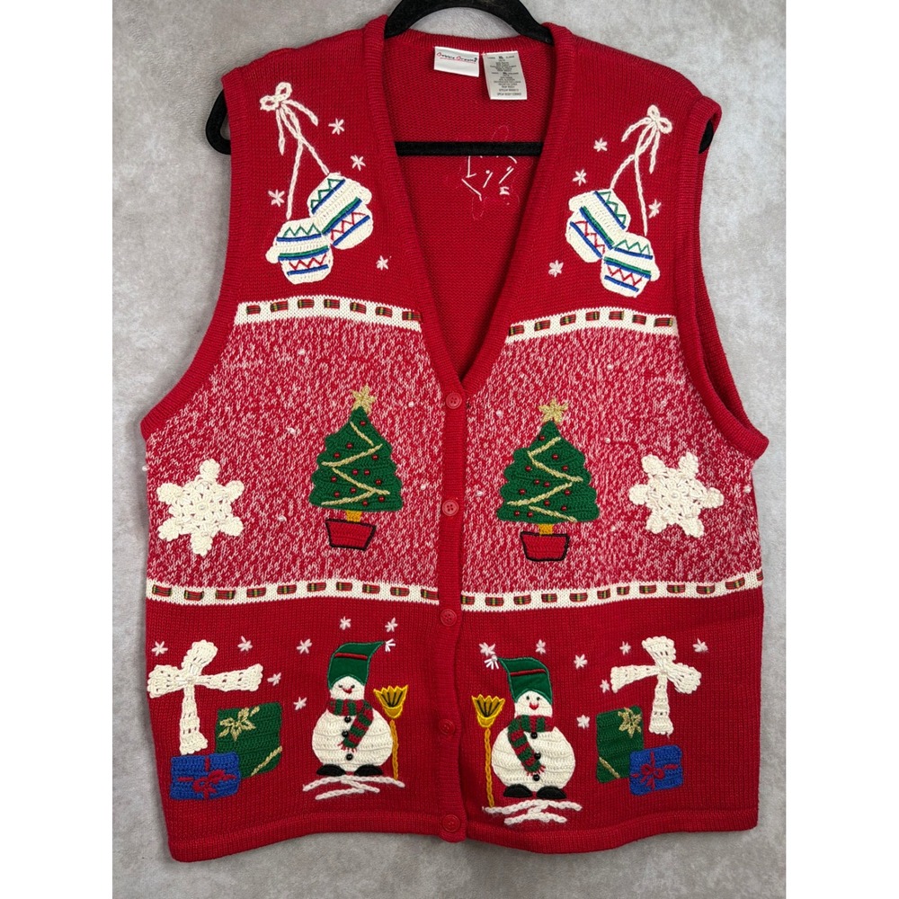VTG NWT Bobbie Brooks Sweater Vest Women XL Red Christmas Snowman Tree Holiday